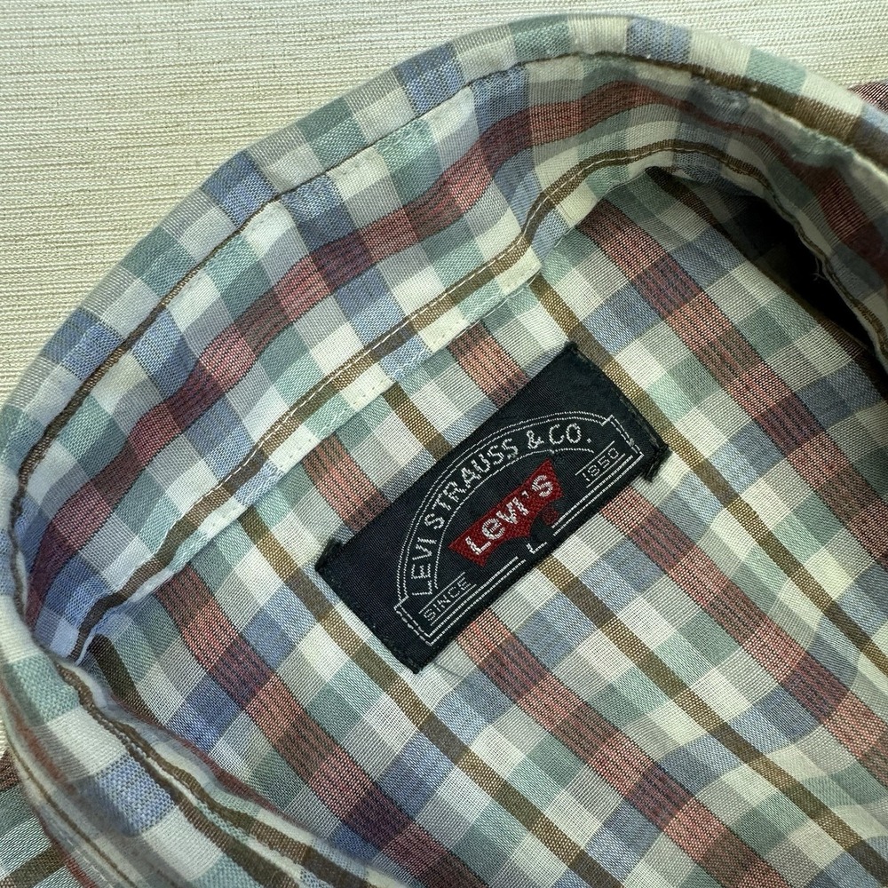 VTG 70s Levis Big E Pearl Snap Shirt Men L Plaid Western Sawtooth Pockets Rodeo - Picture 7 of 10